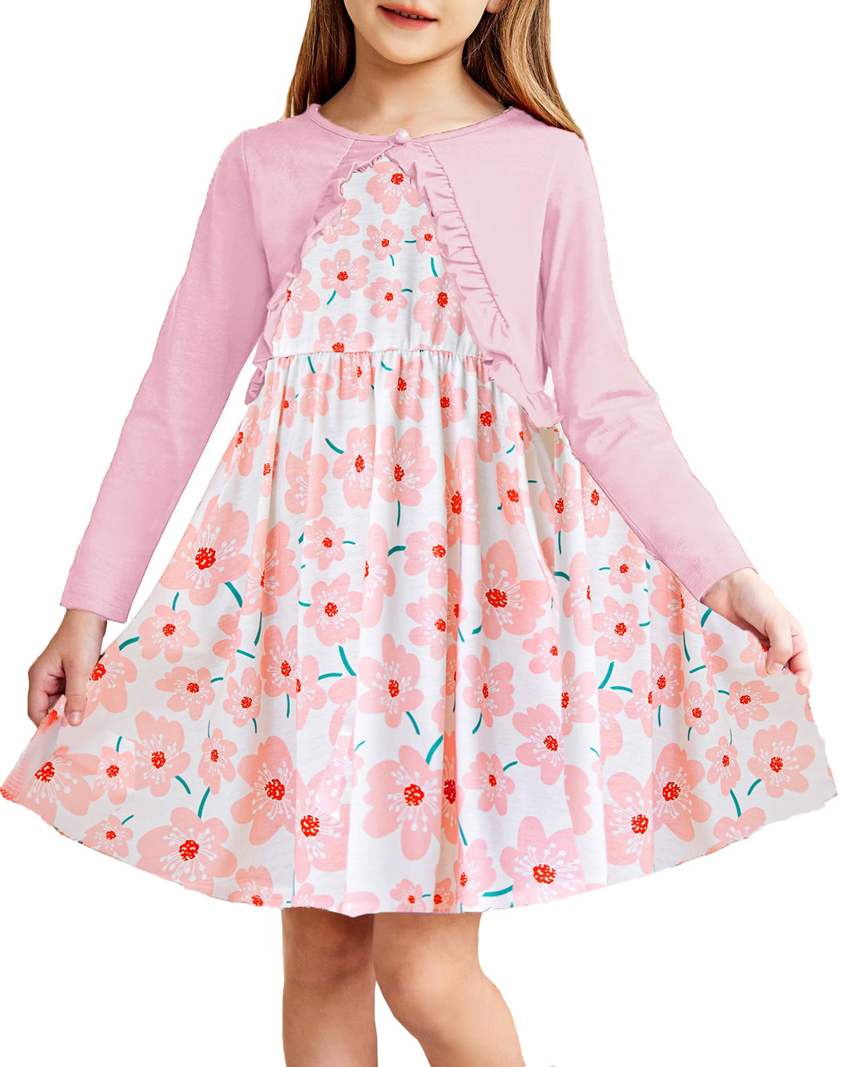 Oudiya Toddler Little Girls Dress and Cardigan 2 Piece Sets Floral Print Sleeveless Sundress and Long Sleeve Shrugs Casual Sets for Kids 2-6Y